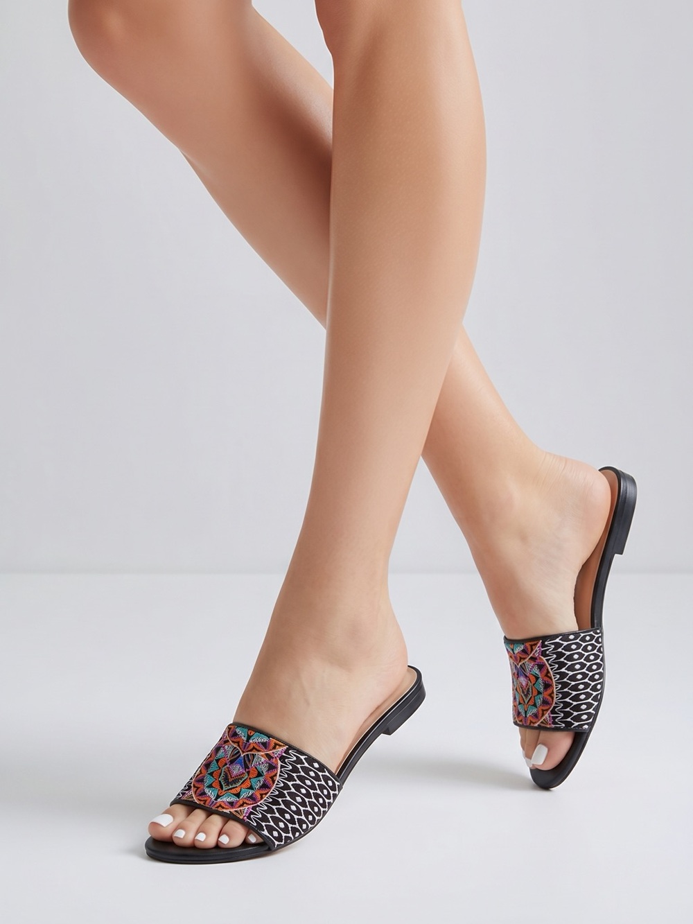 Trina Turk - INC Colab - Embroidered Slide Sandals - Black Multicolor. Sz 10